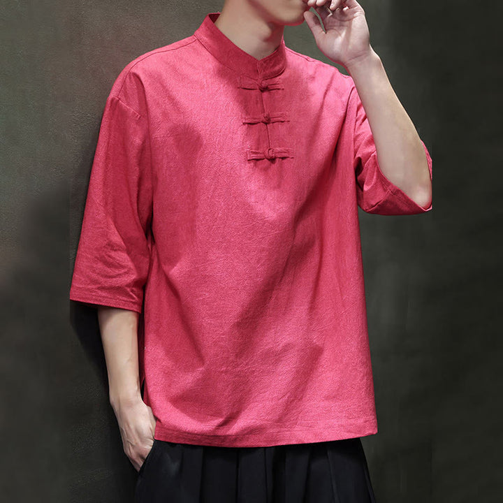 Camicia in cotone e lino a mezza manica con bottoni cinesi a forma di rana da uomo Buddha Stones - image 19