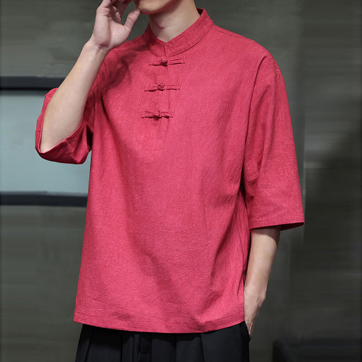 Camicia in cotone e lino a mezza manica con bottoni cinesi a forma di rana da uomo Buddha Stones - image 19