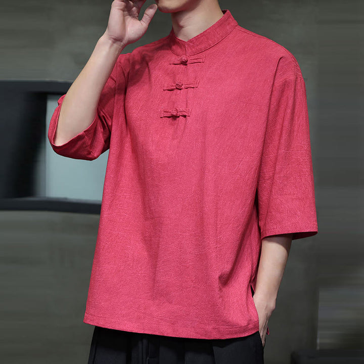 Camicia in cotone e lino a mezza manica con bottoni cinesi a forma di rana da uomo Buddha Stones - image 17