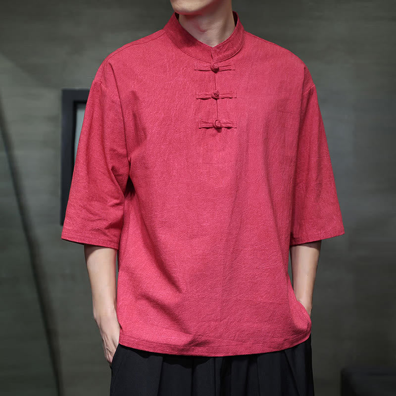 Camicia in cotone e lino a mezza manica con bottoni cinesi a forma di rana da uomo Buddha Stones - image 17