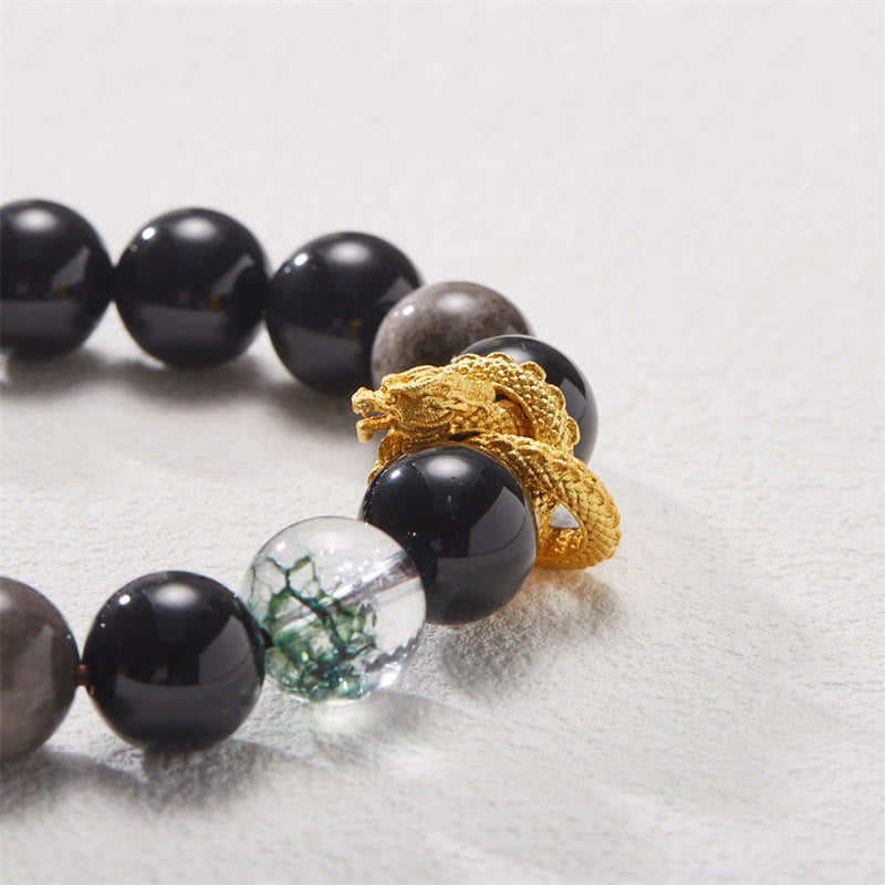 Braccialetto di protezione fantasma verde drago in ossidiana lucida argento naturale Buddha Stones
