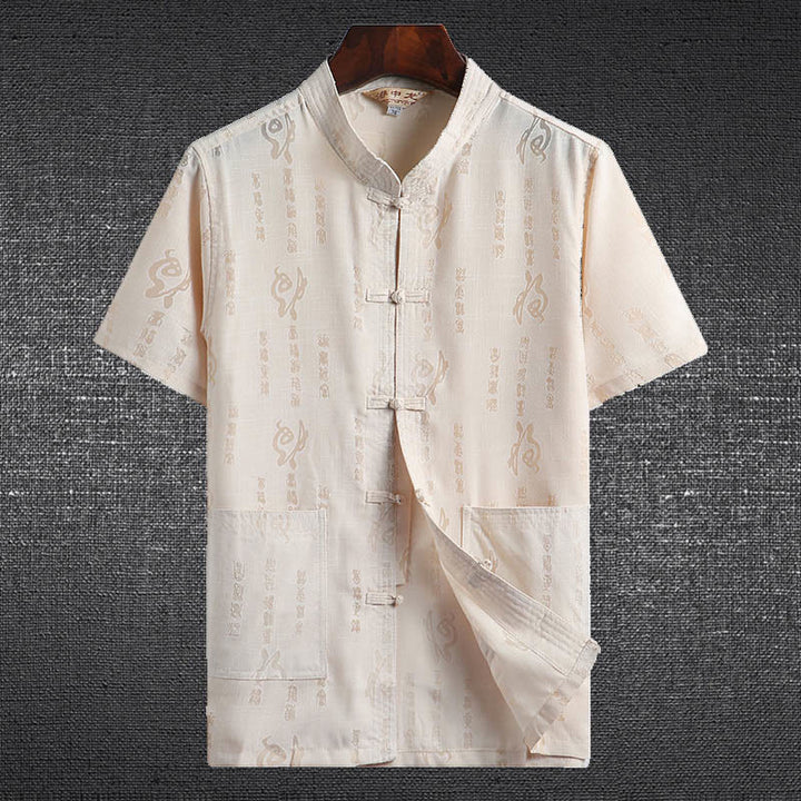Buddha Stones Rana-Bottone Fu Carattere Drago Foglia di Bambù Cinese Tang Suit Camicia Manica Corta Lino Con Tasche