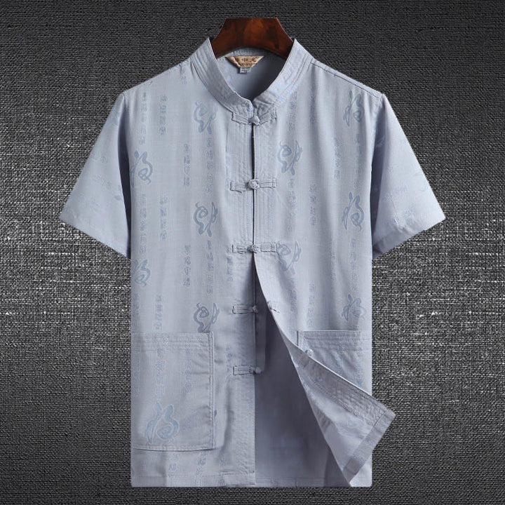 Buddha Stones Rana-Bottone Fu Carattere Drago Foglia di Bambù Cinese Tang Suit Camicia Manica Corta Lino Con Tasche - Azzurro chiaro - Carattere Fu - US/UK/AU46, EU56 (4XL)  - image 2