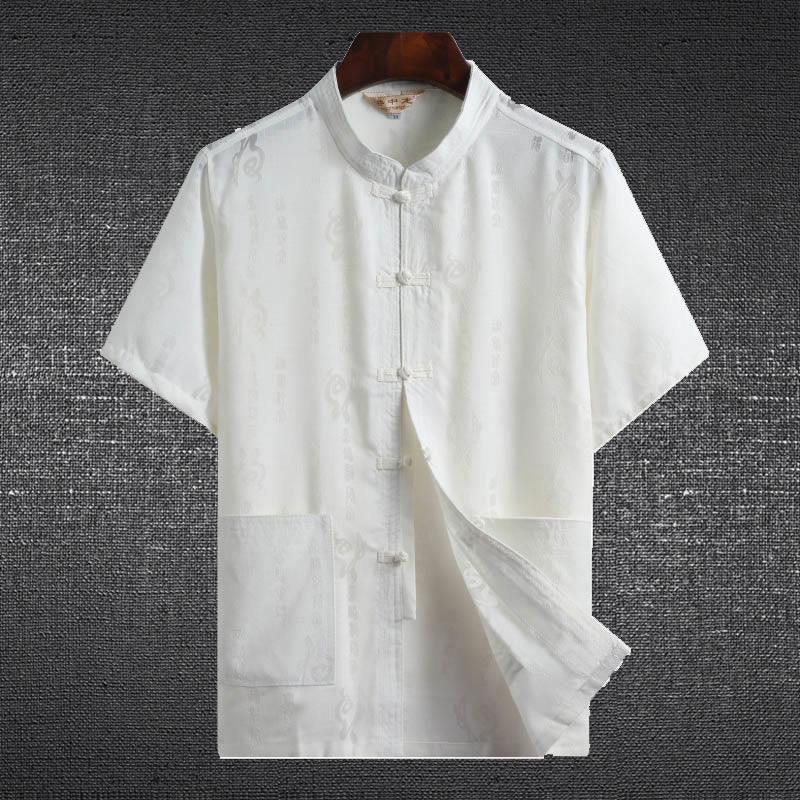 Buddha Stones Rana-Bottone Fu Carattere Drago Foglia di Bambù Cinese Tang Suit Camicia Manica Corta Lino Con Tasche