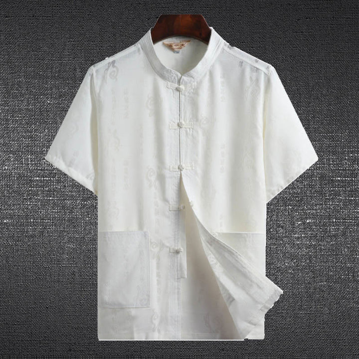 Buddha Stones Rana-Bottone Fu Carattere Drago Foglia di Bambù Cinese Tang Suit Camicia Manica Corta Lino Con Tasche