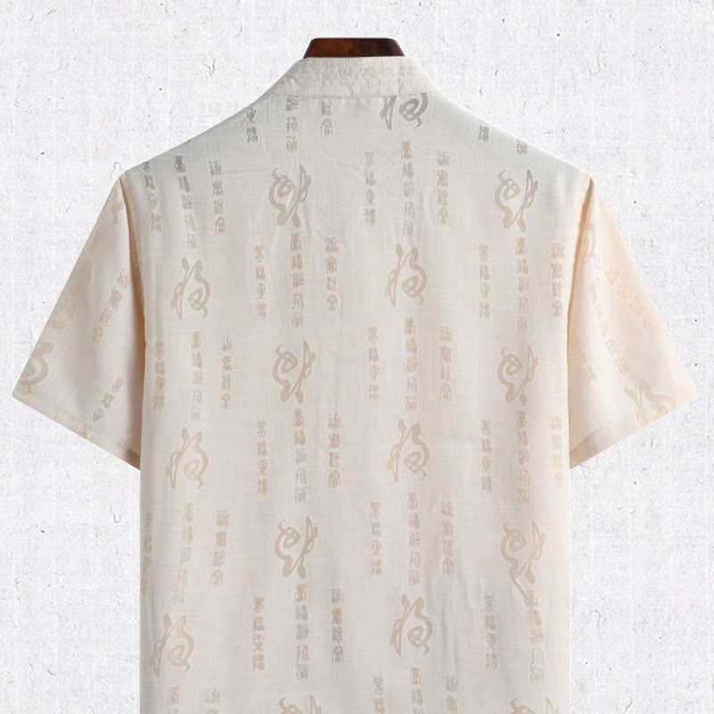 Buddha Stones Rana-Bottone Fu Carattere Drago Foglia di Bambù Cinese Tang Suit Camicia Manica Corta Lino Con Tasche