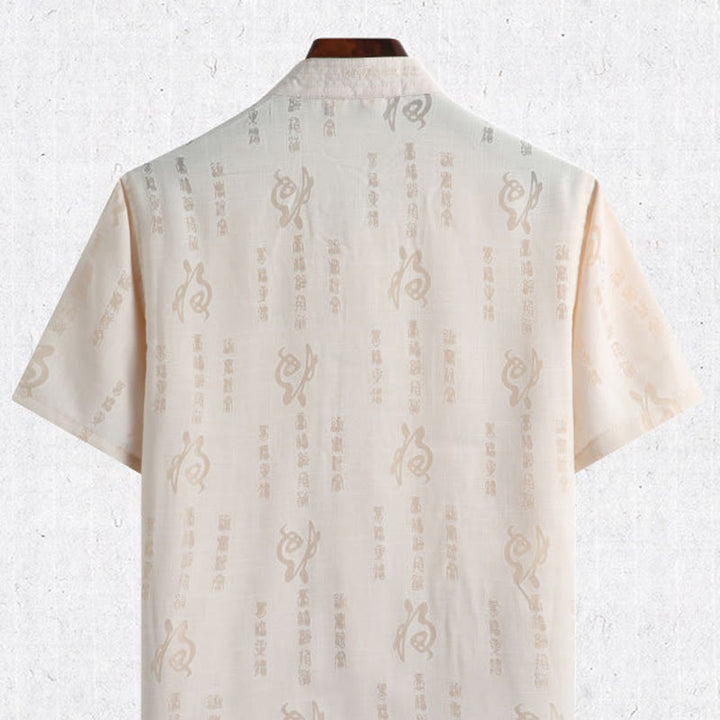 Buddha Stones Rana-Bottone Fu Carattere Drago Foglia di Bambù Cinese Tang Suit Camicia Manica Corta Lino Con Tasche