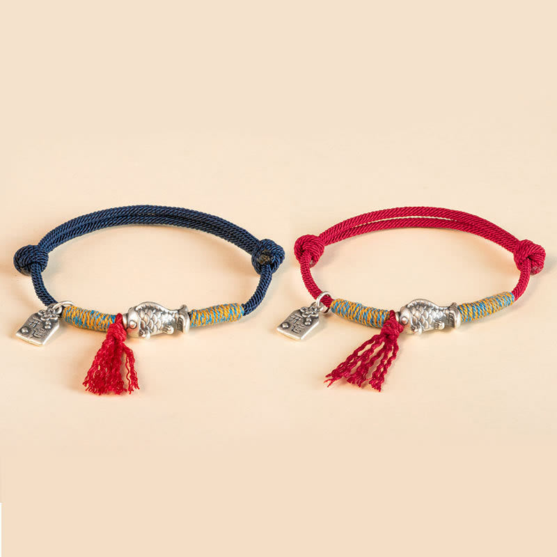 Braccialetto di protezione per pesci koi portafortuna in corda rossa in argento sterling 999 Buddha Stones