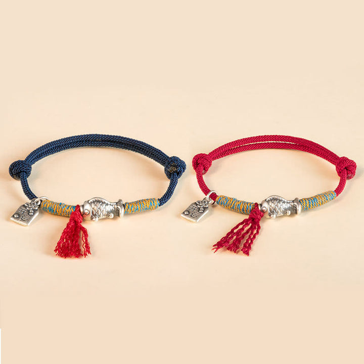 Braccialetto di protezione per pesci koi portafortuna in corda rossa in argento sterling 999 Buddha Stones