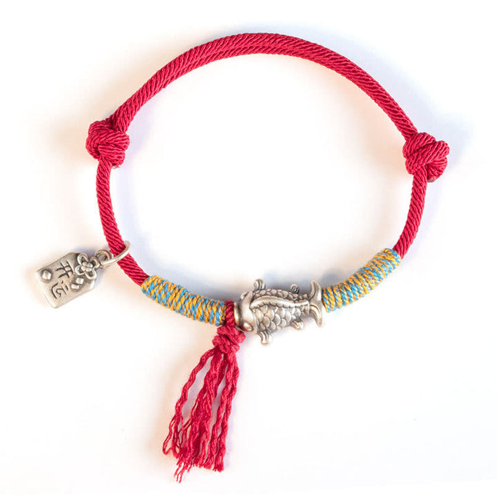 Braccialetto di protezione per pesci koi portafortuna in corda rossa in argento sterling 999 Buddha Stones