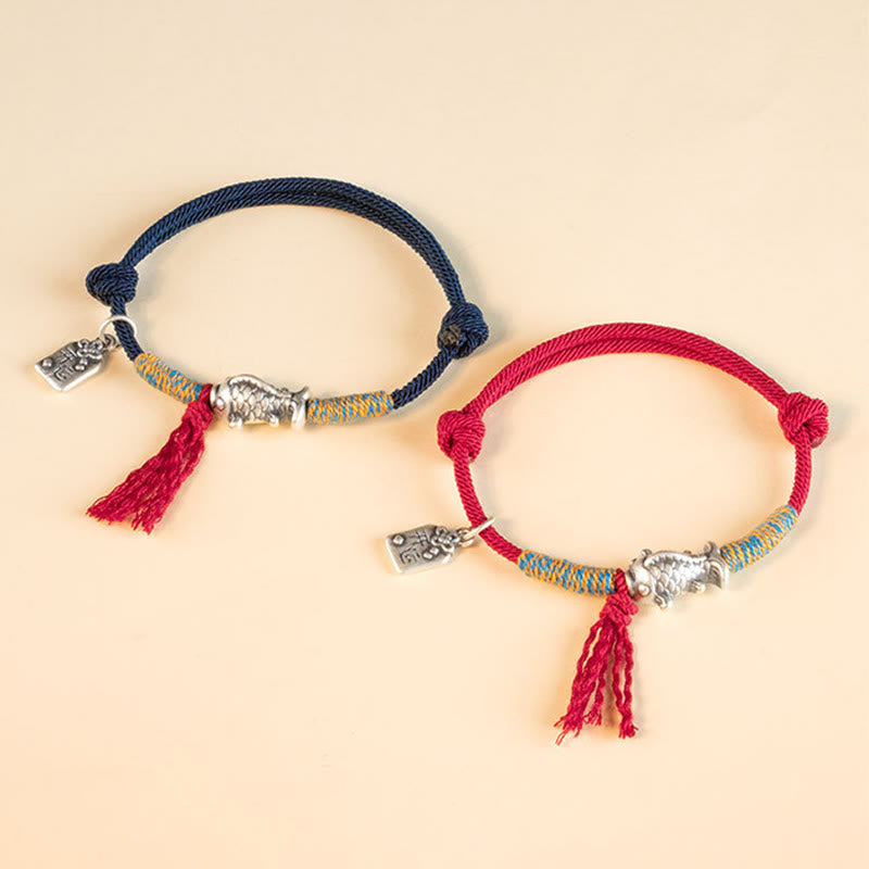 Braccialetto di protezione per pesci koi portafortuna in corda rossa in argento sterling 999 Buddha Stones - image 1