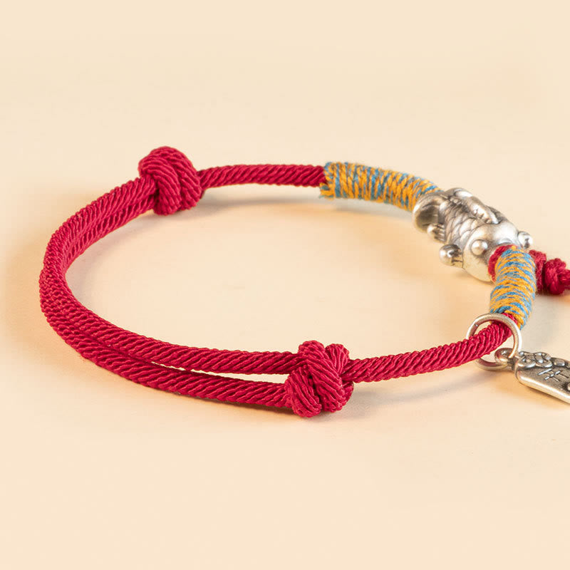 Braccialetto di protezione per pesci koi portafortuna in corda rossa in argento sterling 999 Buddha Stones
