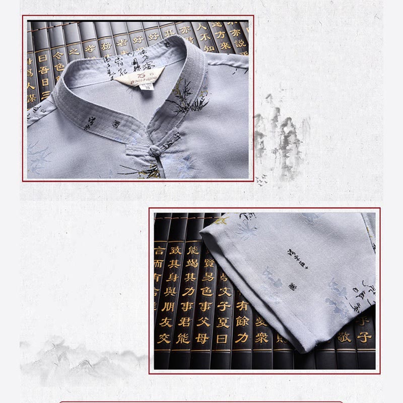 Buddha Stones Rana-Bottone Fu Carattere Drago Foglia di Bambù Cinese Tang Suit Camicia Manica Corta Lino Con Tasche