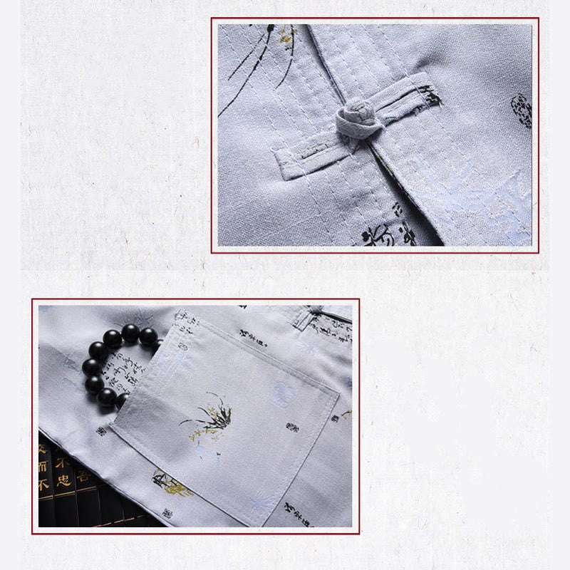 Buddha Stones Rana-Bottone Fu Carattere Drago Foglia di Bambù Cinese Tang Suit Camicia Manica Corta Lino Con Tasche - image 12