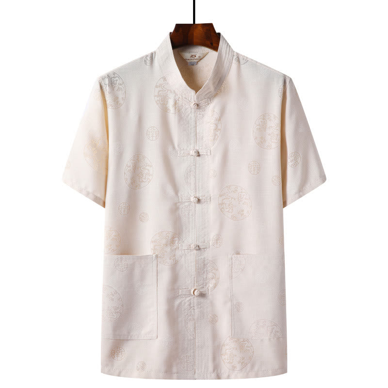 Buddha Stones Rana-Bottone Fu Carattere Drago Foglia di Bambù Cinese Tang Suit Camicia Manica Corta Lino Con Tasche