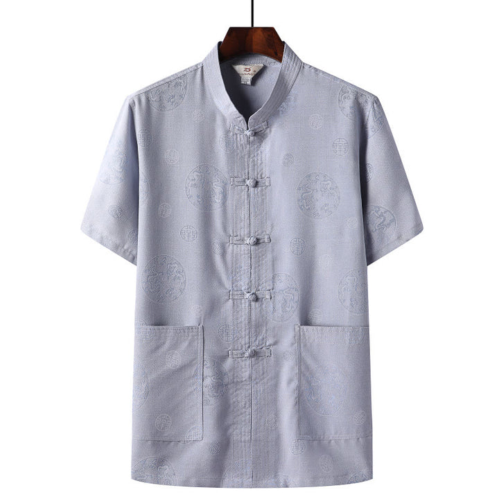 Buddha Stones Rana-Bottone Fu Carattere Drago Foglia di Bambù Cinese Tang Suit Camicia Manica Corta Lino Con Tasche
