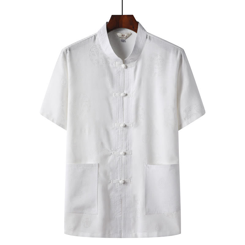Buddha Stones Rana-Bottone Fu Carattere Drago Foglia di Bambù Cinese Tang Suit Camicia Manica Corta Lino Con Tasche