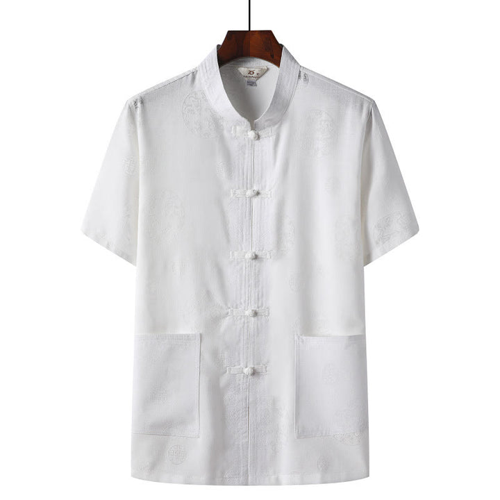 Buddha Stones Rana-Bottone Fu Carattere Drago Foglia di Bambù Cinese Tang Suit Camicia Manica Corta Lino Con Tasche