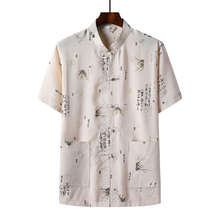 Buddha Stones Rana-Bottone Fu Carattere Drago Foglia di Bambù Cinese Tang Suit Camicia Manica Corta Lino Con Tasche