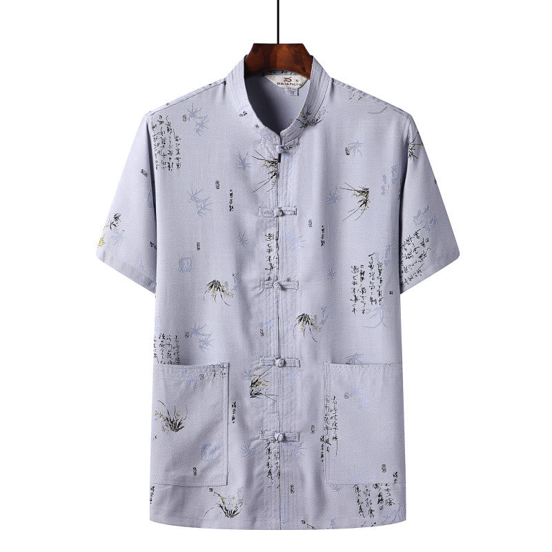 Buddha Stones Rana-Bottone Fu Carattere Drago Foglia di Bambù Cinese Tang Suit Camicia Manica Corta Lino Con Tasche