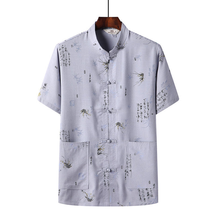 Buddha Stones Rana-Bottone Fu Carattere Drago Foglia di Bambù Cinese Tang Suit Camicia Manica Corta Lino Con Tasche
