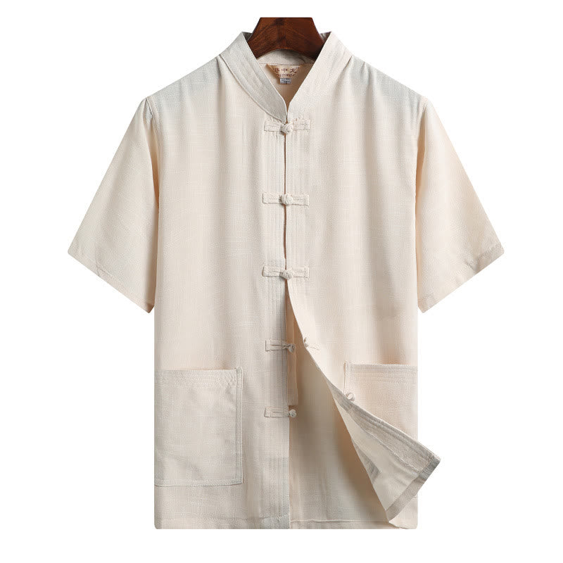 Buddha Stones Rana-Bottone Fu Carattere Drago Foglia di Bambù Cinese Tang Suit Camicia Manica Corta Lino Con Tasche