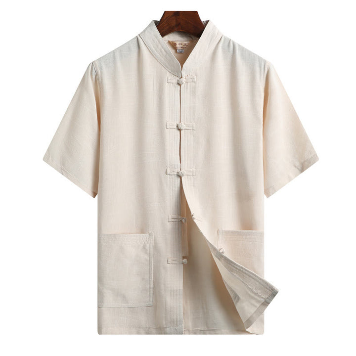 Buddha Stones Rana-Bottone Fu Carattere Drago Foglia di Bambù Cinese Tang Suit Camicia Manica Corta Lino Con Tasche