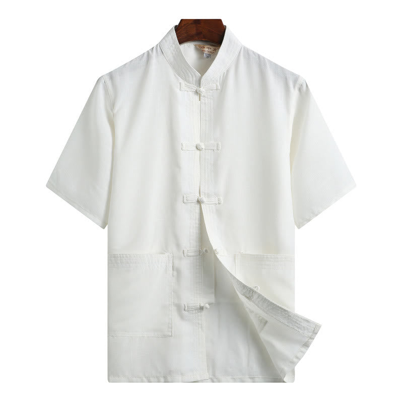 Buddha Stones Rana-Bottone Fu Carattere Drago Foglia di Bambù Cinese Tang Suit Camicia Manica Corta Lino Con Tasche