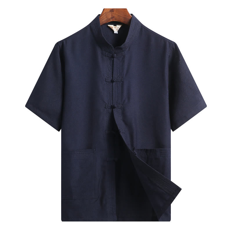 Buddha Stones Rana-Bottone Fu Carattere Drago Foglia di Bambù Cinese Tang Suit Camicia Manica Corta Lino Con Tasche