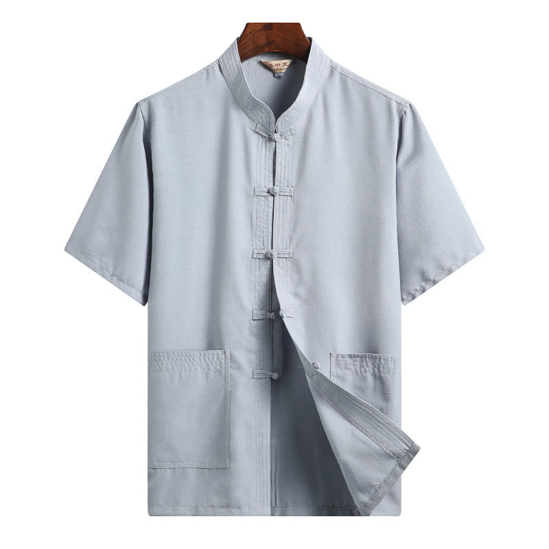 Buddha Stones Rana-Bottone Fu Carattere Drago Foglia di Bambù Cinese Tang Suit Camicia Manica Corta Lino Con Tasche