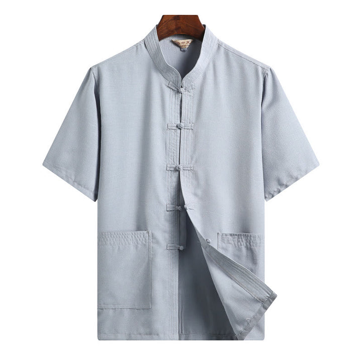 Buddha Stones Rana-Bottone Fu Carattere Drago Foglia di Bambù Cinese Tang Suit Camicia Manica Corta Lino Con Tasche