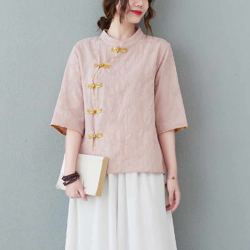 Camicia in cotone e lino a mezza manica con motivo floreale Buddha Stones Frog-Bottone - Rosa chiaro - 2XL(adatto per US8-10; UK/AU12-14; EU40-42) - image 0