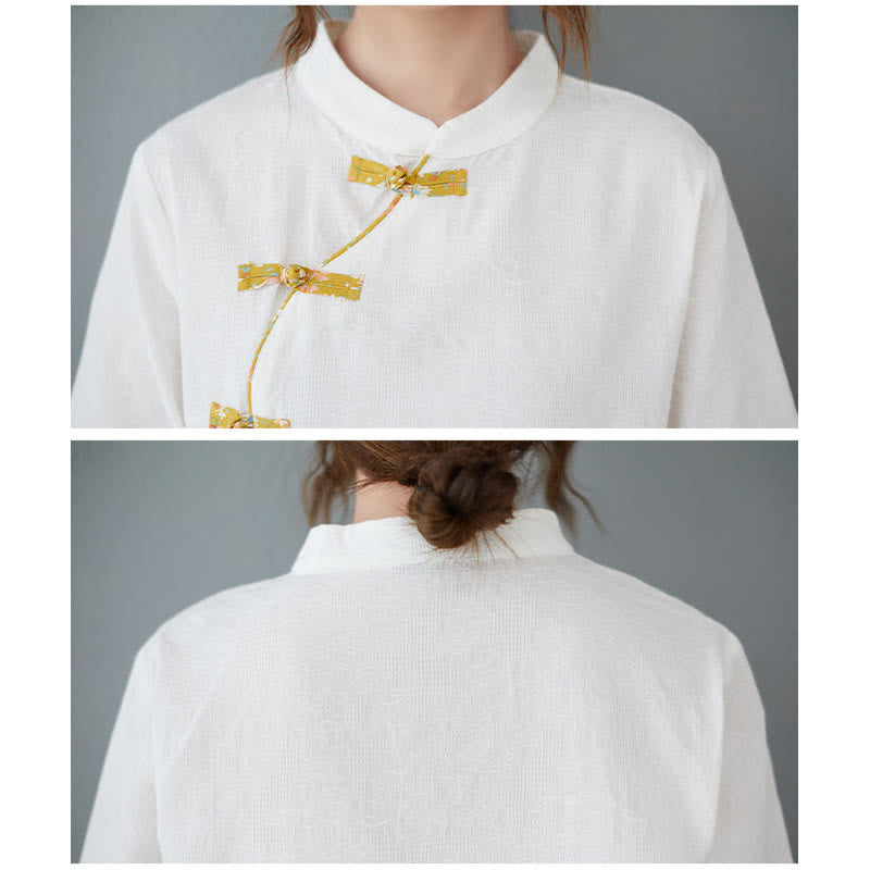 Camicia in cotone e lino a mezza manica con motivo floreale Buddha Stones Frog-Bottone - image 4