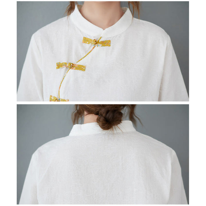 Camicia in cotone e lino a mezza manica con motivo floreale Buddha Stones Frog-Bottone - image 4