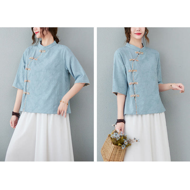 Camicia in cotone e lino a mezza manica con motivo floreale Buddha Stones Frog-Bottone - image 9