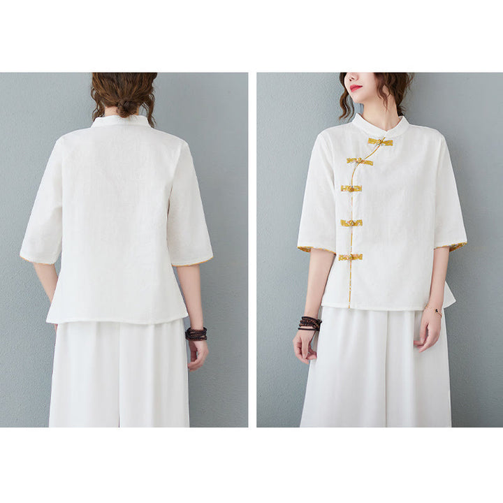 Camicia in cotone e lino a mezza manica con motivo floreale Buddha Stones Frog-Bottone - image 6