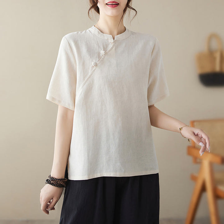 Camicia in cotone e lino a maniche corte con bottoni a rana, tinta unita , Buddha Stones - image 1