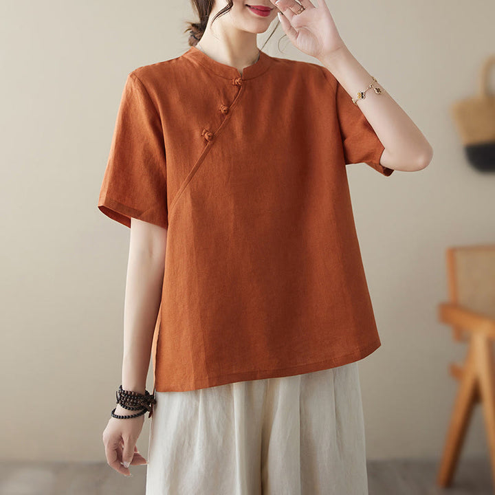 Camicia in cotone e lino a maniche corte con bottoni a rana, tinta unita , Buddha Stones - image 9
