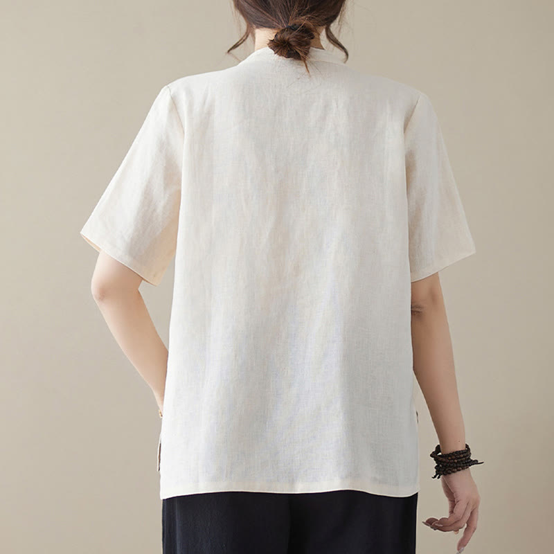 Camicia in cotone e lino a maniche corte con bottoni a rana, tinta unita , Buddha Stones - image 2