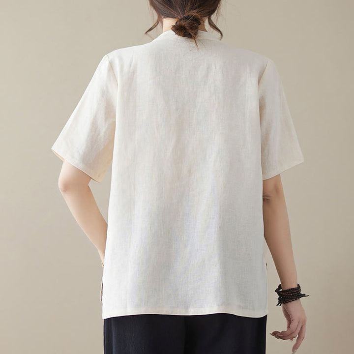 Camicia in cotone e lino a maniche corte con bottoni a rana, tinta unita , Buddha Stones - image 2
