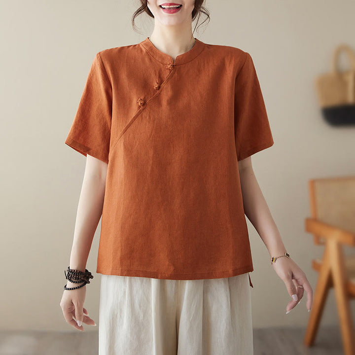 Camicia in cotone e lino a maniche corte con bottoni a rana, tinta unita , Buddha Stones - image 8