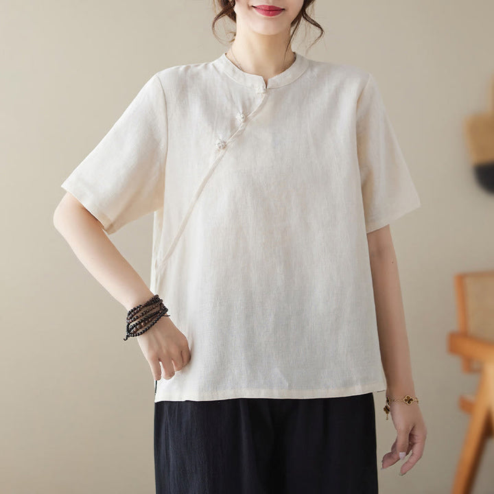 Camicia in cotone e lino a maniche corte con bottoni a rana, tinta unita , Buddha Stones - Bianco - 2XL(adatto per US8-10; UK/AU12-14; EU40-42) - image 0