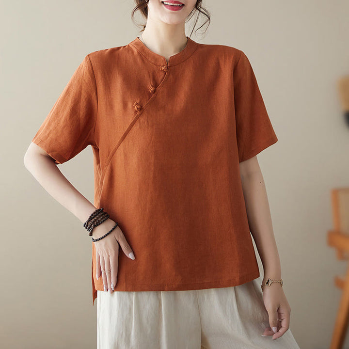 Camicia in cotone e lino a maniche corte con bottoni a rana, tinta unita , Buddha Stones - Arancia - 2XL(adatto per US8-10; UK/AU12-14; EU40-42) - image 7