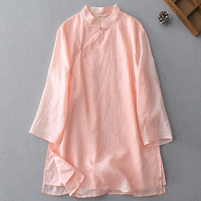 Camicia in cotone e lino a doppio strato con maniche a tre quarti, tinta unita, bottoni a rana, Buddha Stones