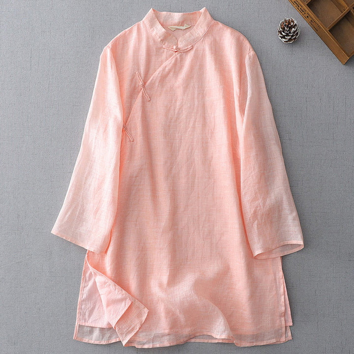 Camicia in cotone e lino a doppio strato con maniche a tre quarti, tinta unita, bottoni a rana, Buddha Stones