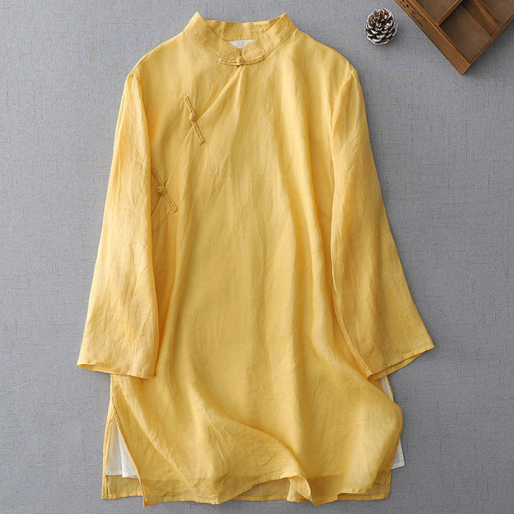 Camicia in cotone e lino a doppio strato con maniche a tre quarti, tinta unita, bottoni a rana, Buddha Stones