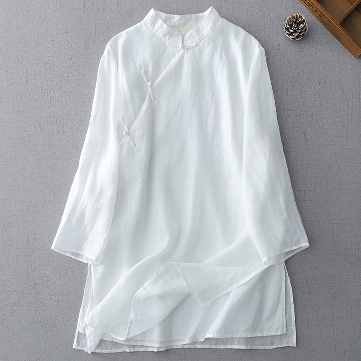 Camicia in cotone e lino a doppio strato con maniche a tre quarti, tinta unita, bottoni a rana, Buddha Stones