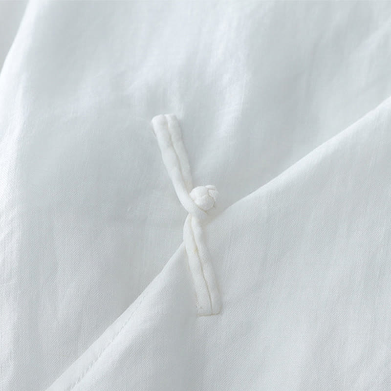 Camicia in cotone e lino a doppio strato con maniche a tre quarti, tinta unita, bottoni a rana, Buddha Stones