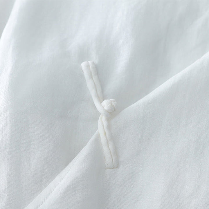 Camicia in cotone e lino a doppio strato con maniche a tre quarti, tinta unita, bottoni a rana, Buddha Stones - image 3