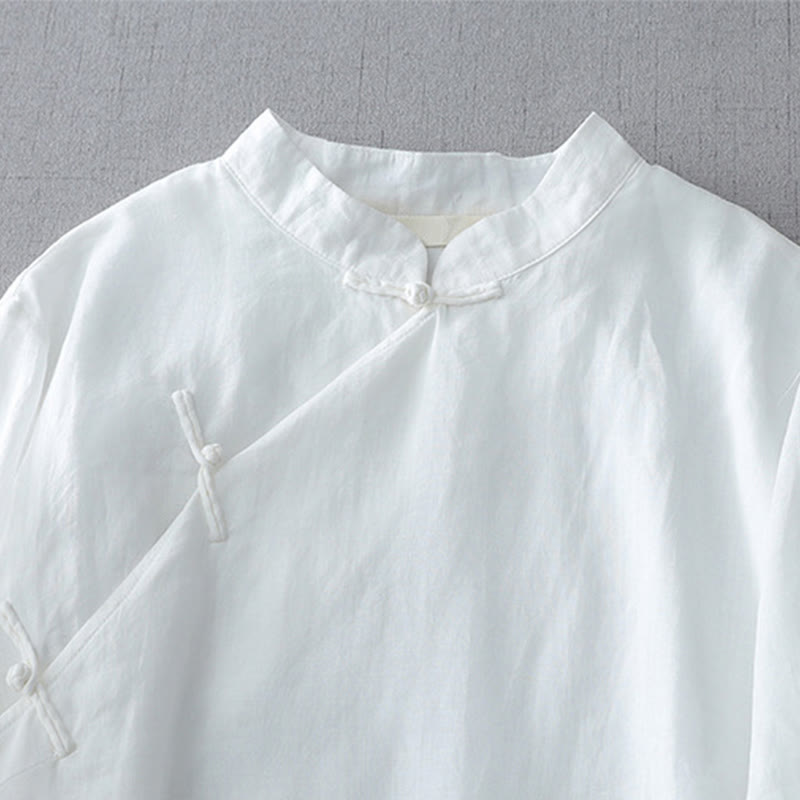 Camicia a maniche a tre quarti con doppio strato e bottoni a rana, tinta unita, con Buddha Stones. - image 2